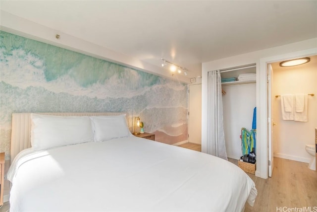 bedroom featuring ensuite bathroom, light hardwood / wood-style floors, and a closet