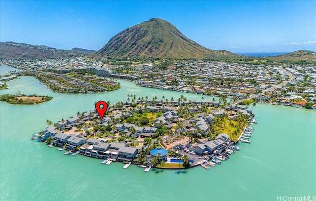 bird's eye view featuring a water and mountain view