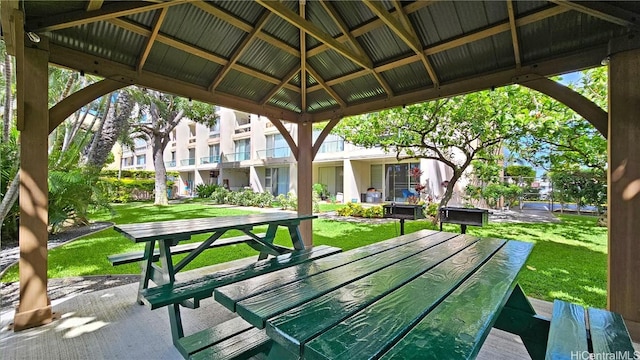 view of community featuring a gazebo and a lawn