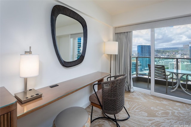 office with baseboards, light carpet, and a city view