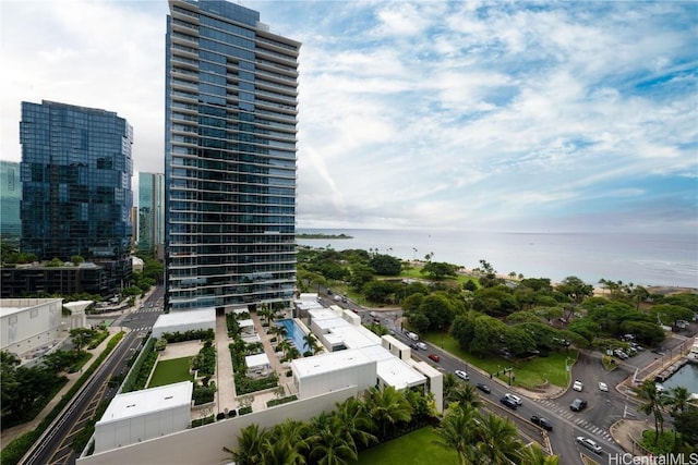 birds eye view of property featuring a water view