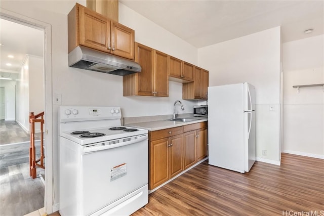 kitchen with dark hardwood / wood-style flooring, sink, and white appliances