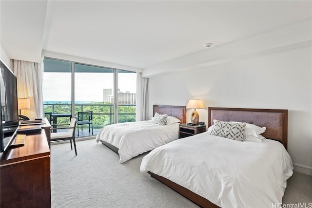 bedroom with floor to ceiling windows and carpet flooring