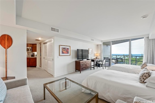 bedroom featuring light carpet, floor to ceiling windows, a closet, and access to outside