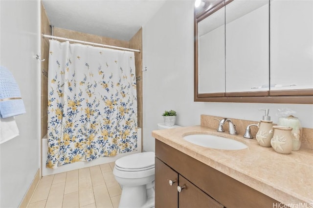 full bathroom featuring vanity, shower / bath combination with curtain, and toilet