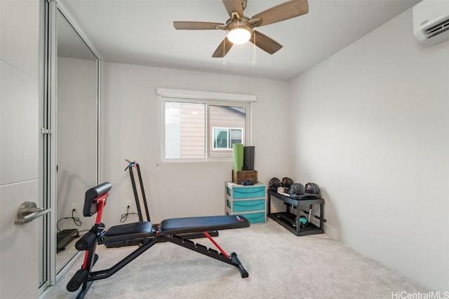 workout room with carpet flooring, a wall mounted air conditioner, and ceiling fan