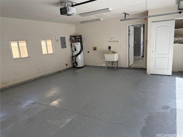 garage with a garage door opener, electric panel, sink, and water heater