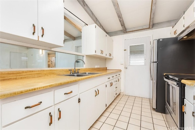 kitchen featuring electric stove, sink, light tile patterned floors, beam ceiling, and white cabinets