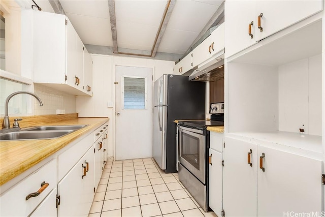 kitchen featuring sink, light tile patterned floors, white cabinets, stainless steel electric stove, and backsplash