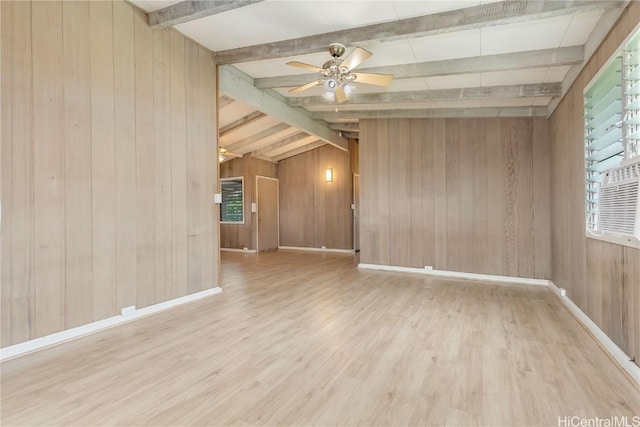 unfurnished room featuring vaulted ceiling with beams, ceiling fan, wooden walls, and light wood-type flooring