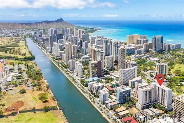 bird's eye view with a water view