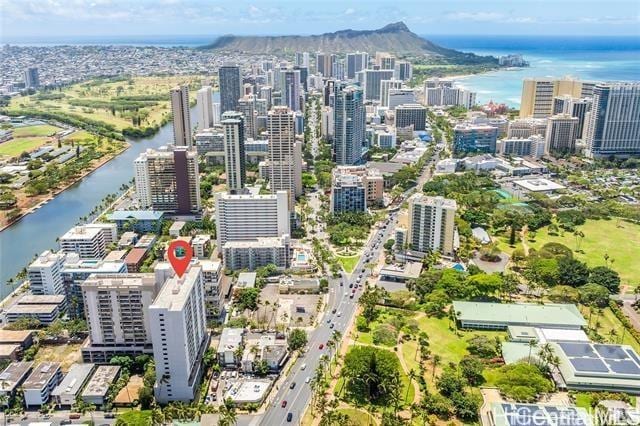 bird's eye view with a water view