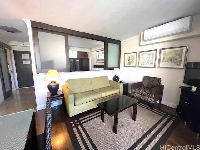 255 Beach Walk Unit 45, Honolulu, HI 96815 - living room with a wall mounted air conditioner, ornamental molding, and dark hardwood / wood-style floors