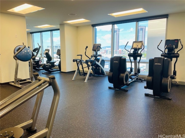 gym featuring a healthy amount of sunlight, a wall of windows, and baseboards