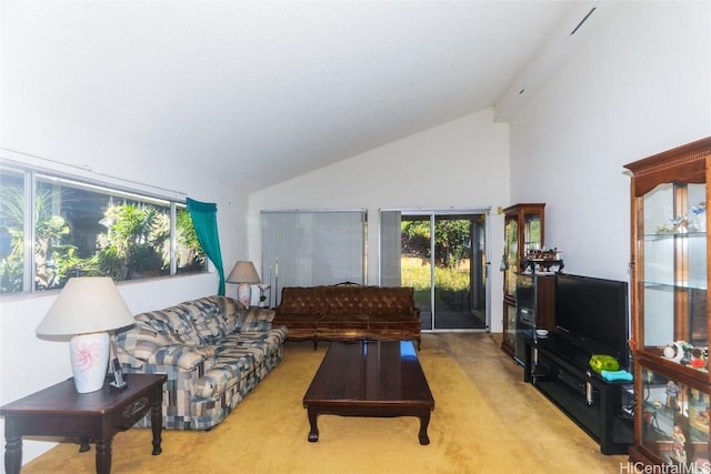 carpeted living room with high vaulted ceiling