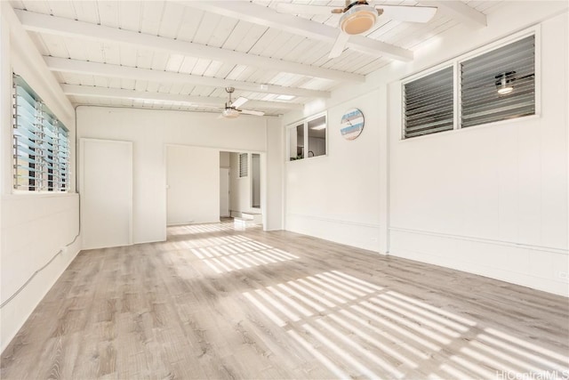 unfurnished room with beam ceiling, wood ceiling, ceiling fan, and light hardwood / wood-style floors