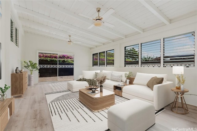 interior space with vaulted ceiling with beams, wooden ceiling, and ceiling fan