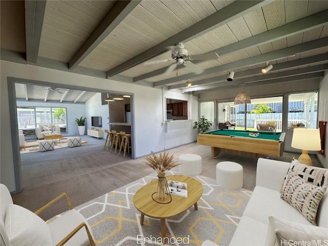 playroom featuring ceiling fan, carpet flooring, beam ceiling, and pool table