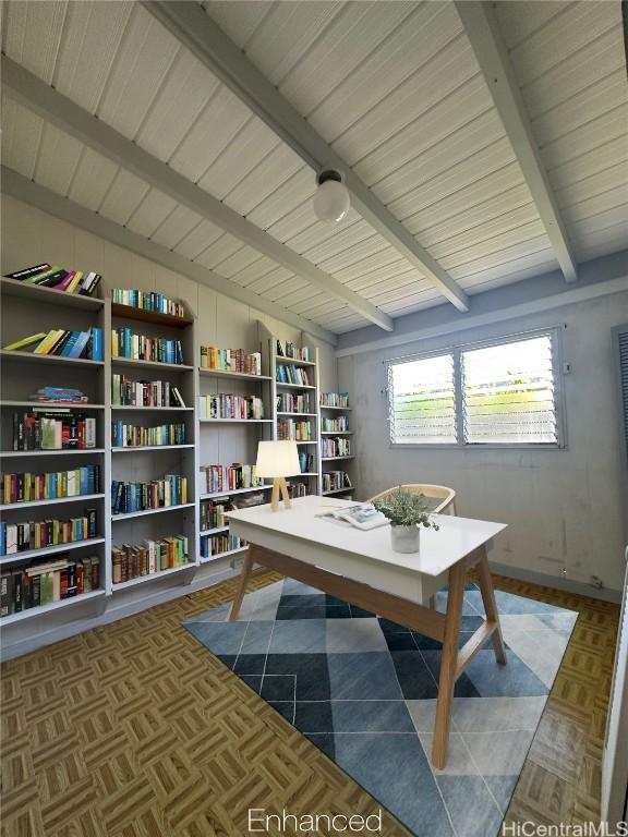 office space featuring beam ceiling and dark parquet floors