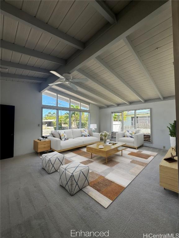 unfurnished living room with lofted ceiling with beams, carpet, wooden ceiling, and ceiling fan