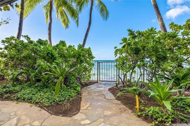 view of patio / terrace with a water view