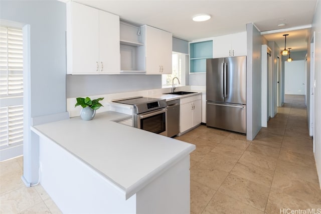 kitchen featuring stainless steel appliances, white cabinetry, sink, and kitchen peninsula