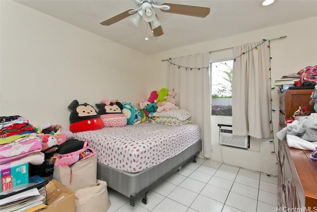 tiled bedroom with ceiling fan