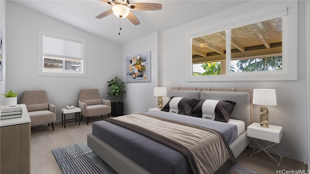 bedroom with ceiling fan and vaulted ceiling