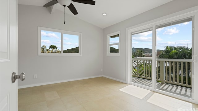 unfurnished room featuring lofted ceiling, ceiling fan, recessed lighting, and baseboards