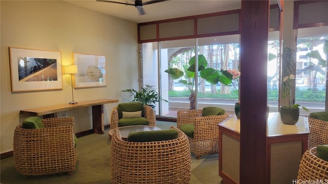 sitting room featuring ceiling fan and carpet flooring