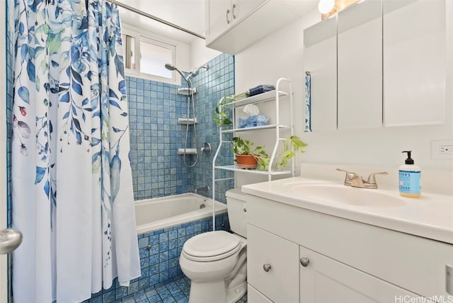 full bathroom featuring vanity, shower / bathtub combination with curtain, and toilet