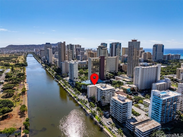 birds eye view of property featuring a water view