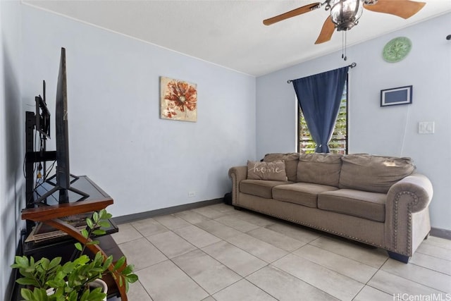 tiled living room with ceiling fan