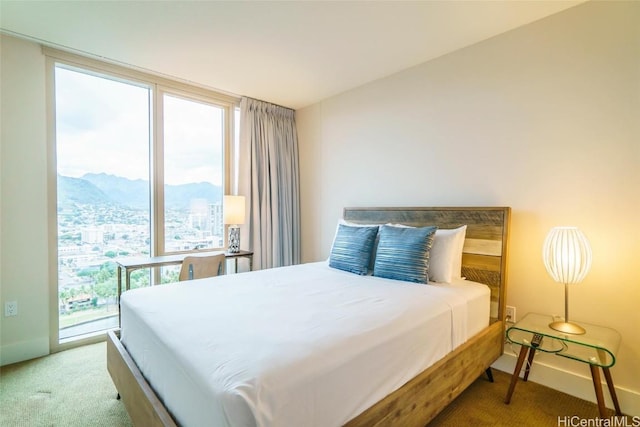 carpeted bedroom with a mountain view