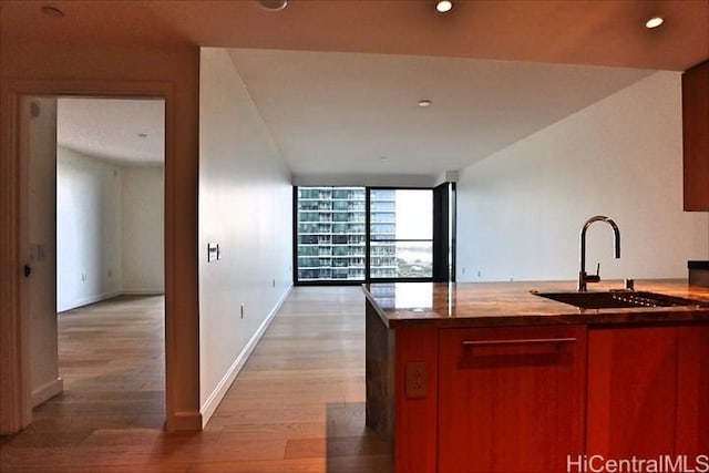 kitchen with expansive windows, sink, and light hardwood / wood-style floors