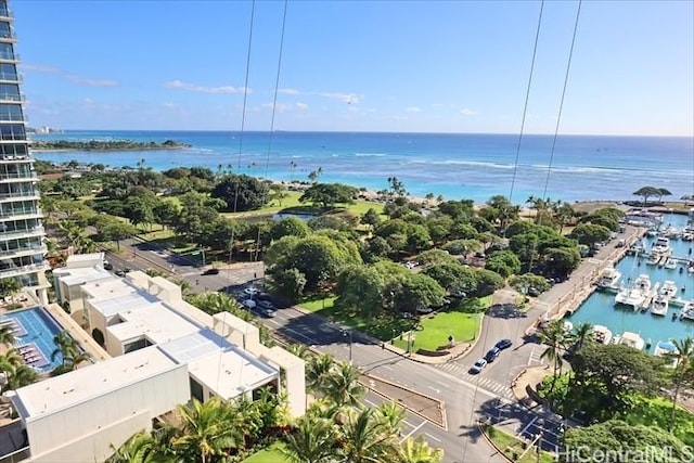 drone / aerial view featuring a water view