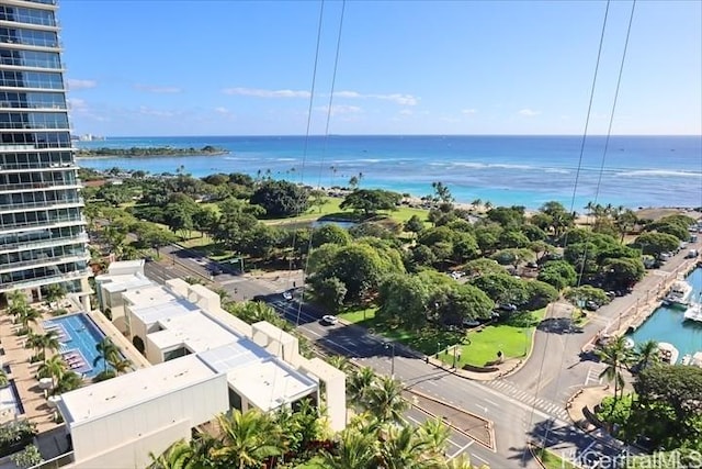 drone / aerial view with a water view