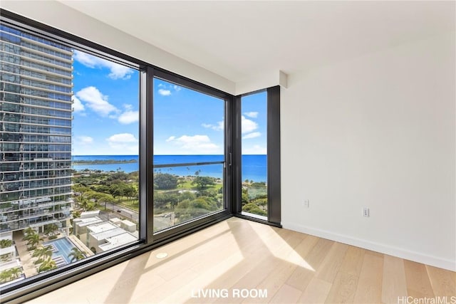 empty room with a water view, baseboards, a wealth of natural light, and wood finished floors