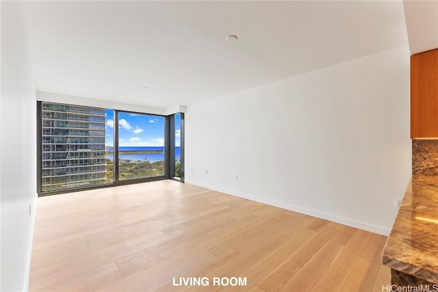 empty room featuring light wood-style floors, baseboards, and a wall of windows