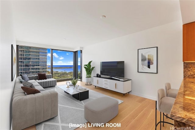 living area featuring light wood-style floors, expansive windows, and baseboards