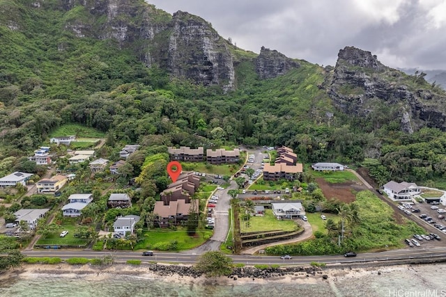 drone / aerial view featuring a mountain view