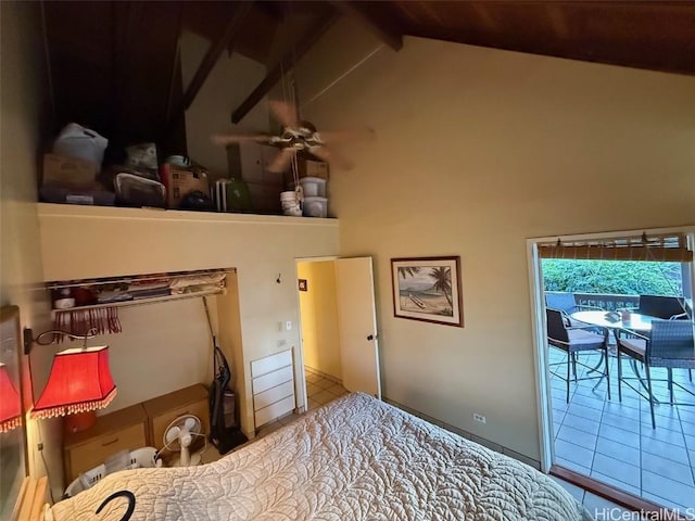 tiled bedroom with high vaulted ceiling, access to exterior, and beam ceiling