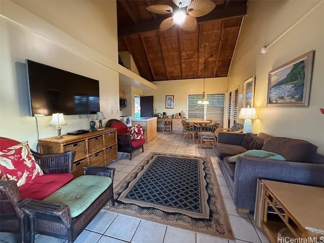 living room with wood ceiling, high vaulted ceiling, ceiling fan, and light tile patterned flooring