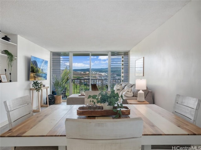 living room featuring a wall of windows, hardwood / wood-style floors, and a textured ceiling