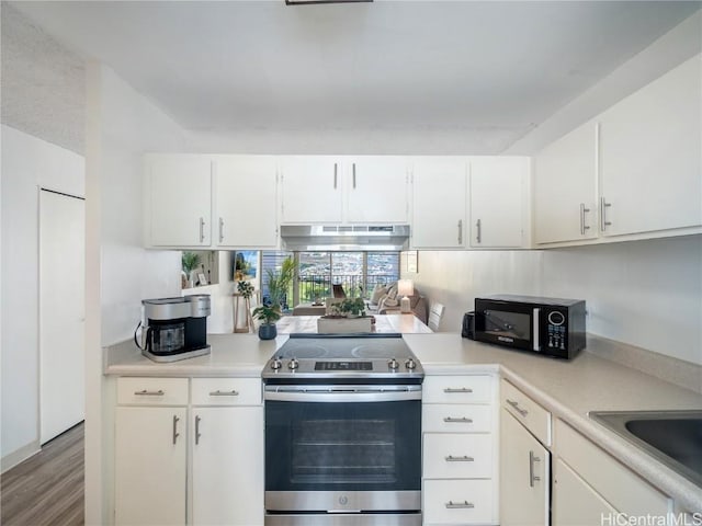 kitchen featuring white cabinetry, sink, stainless steel electric range, and wood-type flooring