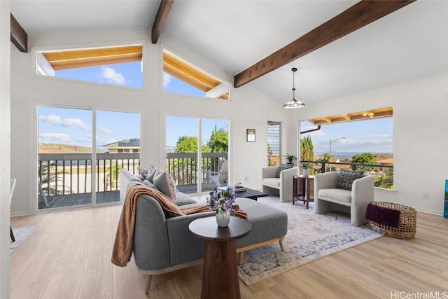 interior space with light hardwood / wood-style flooring and lofted ceiling with beams