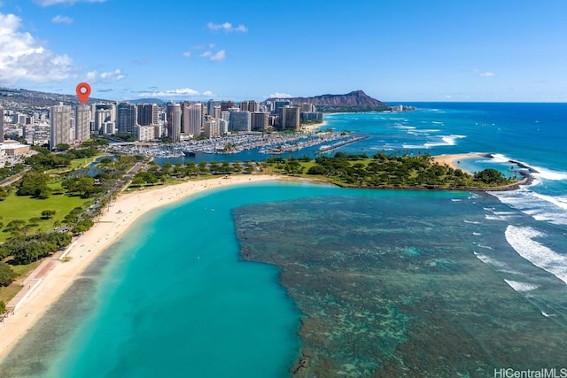 bird's eye view featuring a water view and a view of the beach