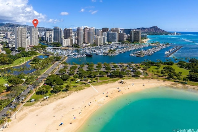 aerial view with a water view and a beach view