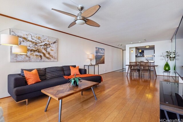 living room with crown molding, hardwood / wood-style flooring, rail lighting, and ceiling fan