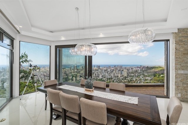 2809 Round Top Dr, Honolulu, HI 96822 - tiled dining area with a chandelier and a raised ceiling